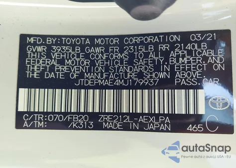 2021 Toyota Corolla Le from USA, damaged, VIN JTDEPMAE4MJ179937